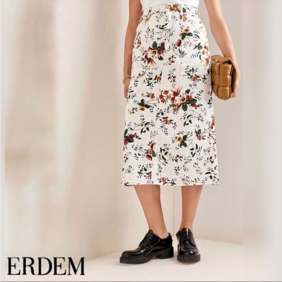 Erdem Artie Cotton-Blend Midi Skirt with Pockets in White/Multi Floral - Picture 1 of 13